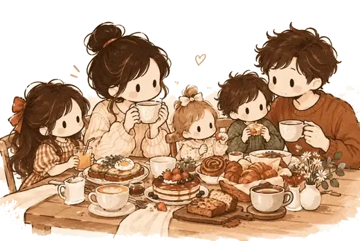 Toute la famille attablée autour du brunch du week-end