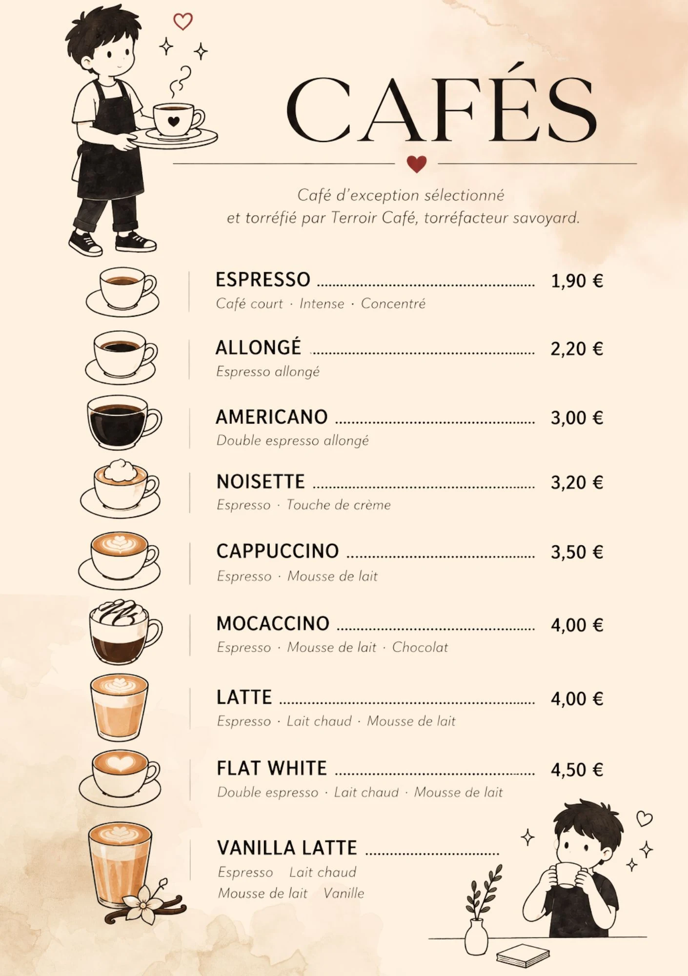 Carte des cafés du Family Café, illustrée de tasses et de deux enfants.