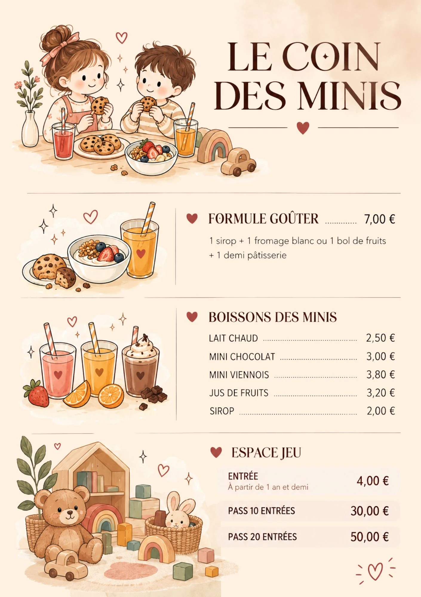 Carte du coin des minis du Family Café, illustrée d'un coin jeux et de boissons pour enfants.