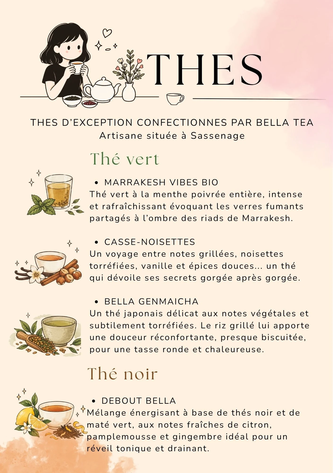 Carte des thés du Family Café, illustrée de tasses, de théières et de feuilles.
