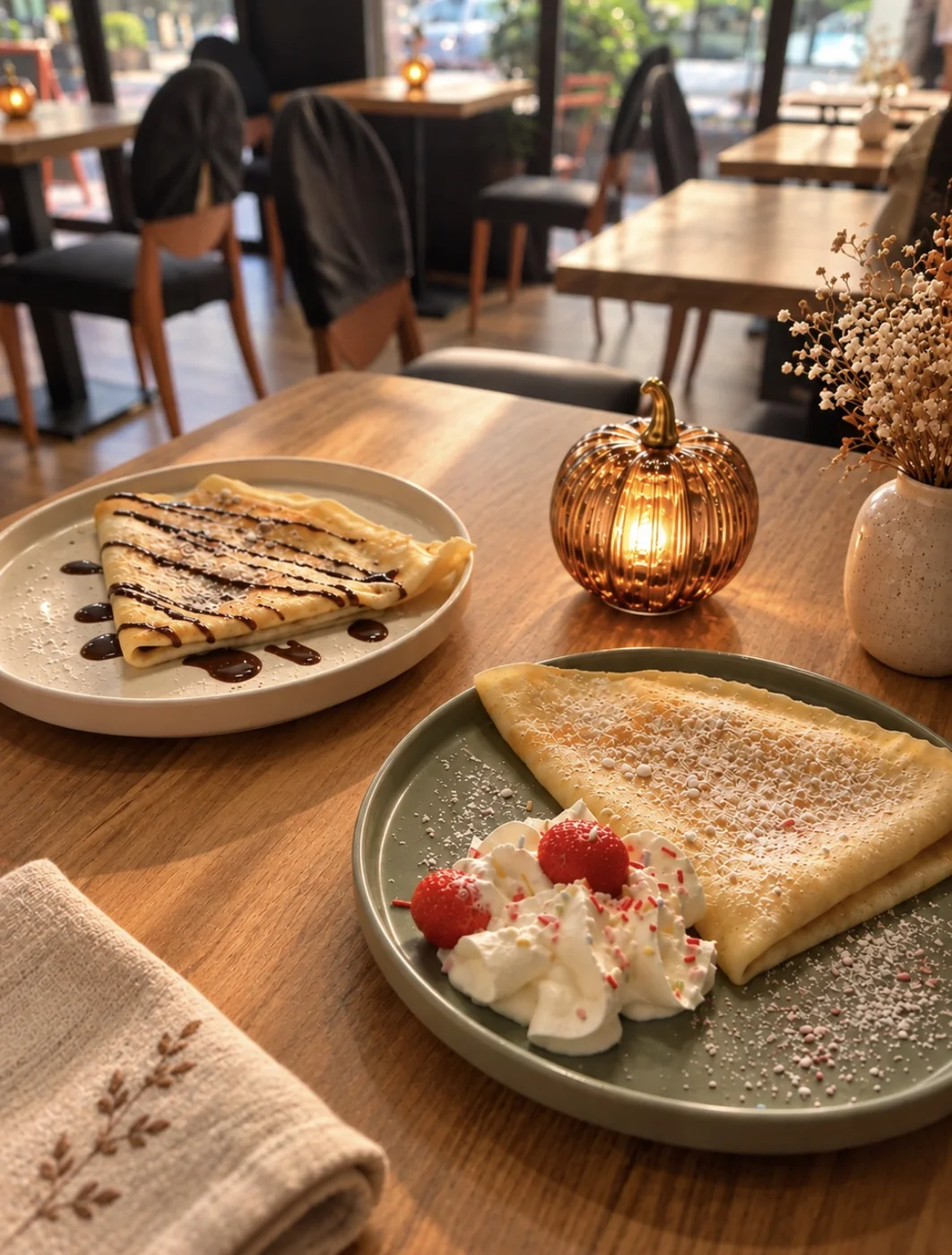Deux crêpes dressées, l'une au chocolat, l'autre à la chantilly et aux fraises