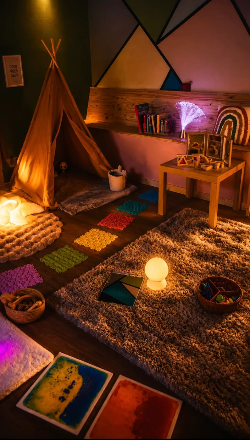 Le coin sensoriel du Family Café : tente en tissu, veilleuses et lumière douce